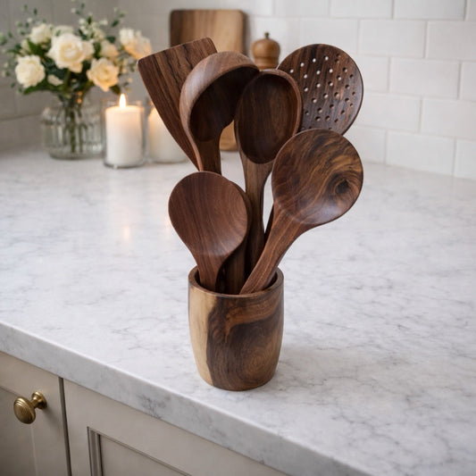 7 piece natural wooden kitchen utensil set