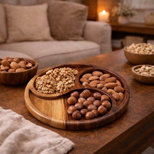 Natural wooden 3 compartment nut tray