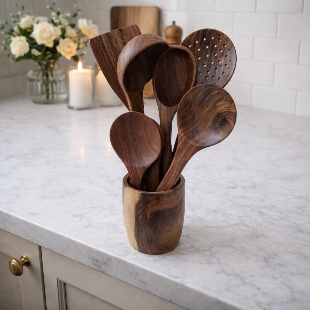7 piece natural wooden kitchen utensil set