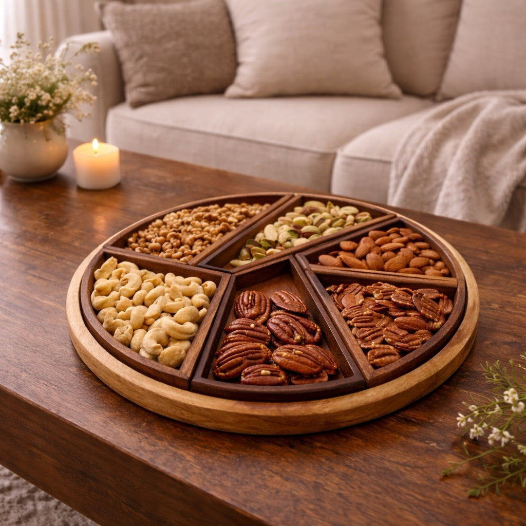 Natural wooden 6 compartment nut tray