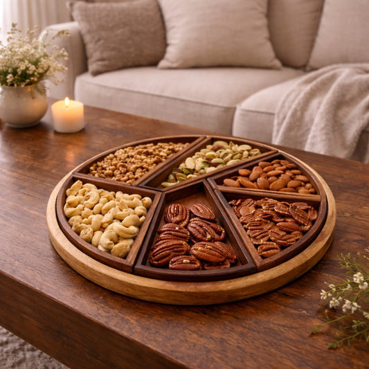 Natural wooden 6 compartment nut tray