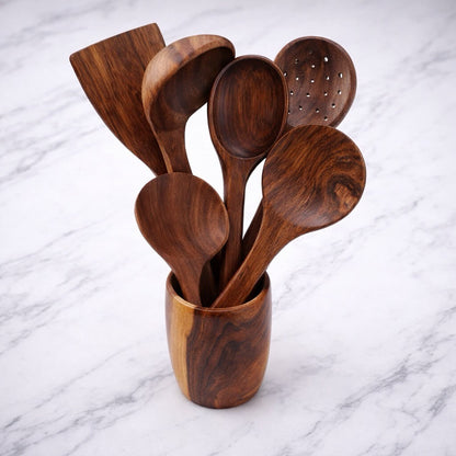 7 piece natural wooden kitchen utensil set