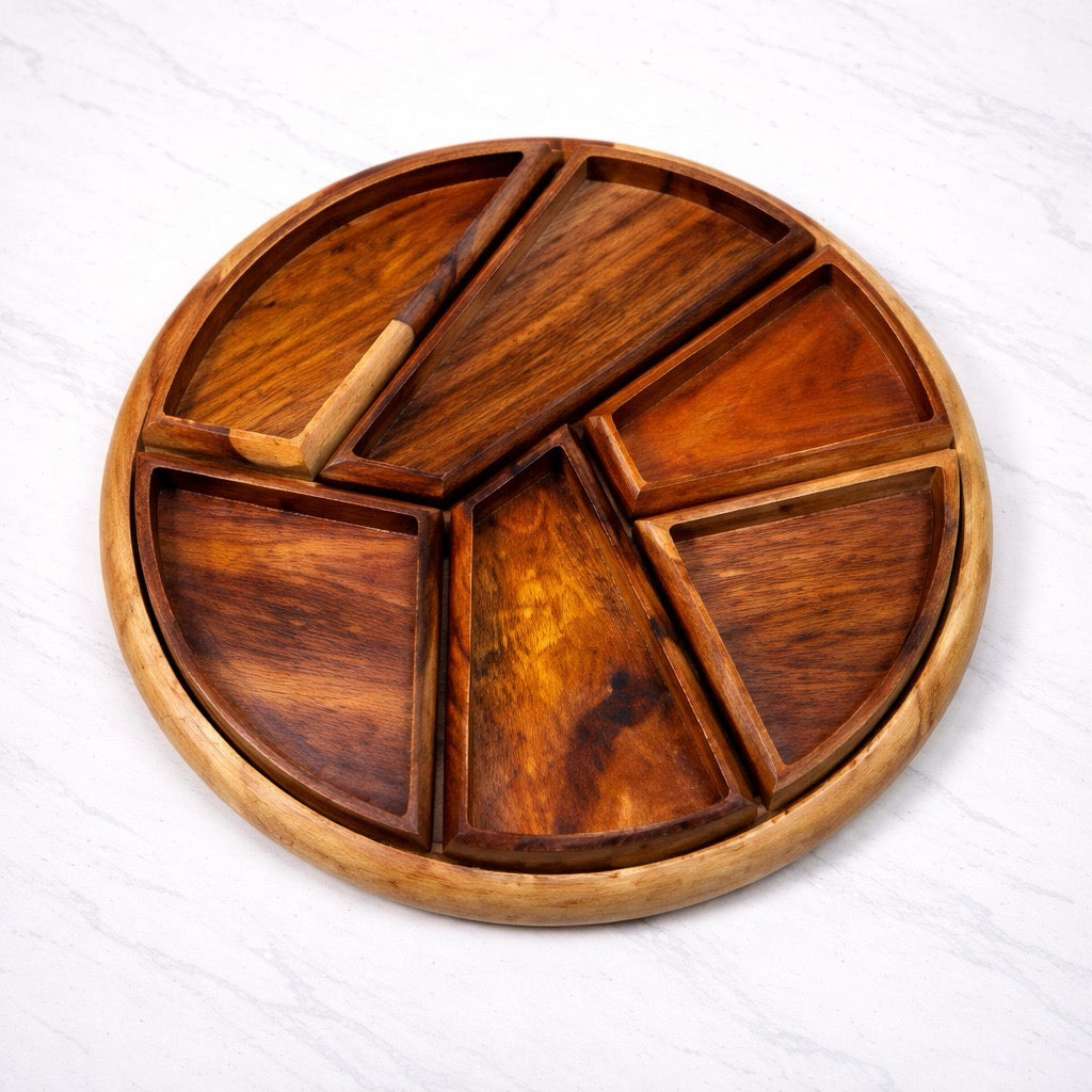 Natural wooden 6 compartment nut tray