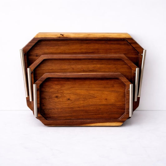 Natural wooden tray with metal handle